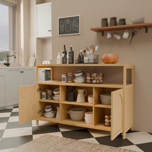 English Elm Bamboo Sideboard with Open Shelving and Cabinet Storage for Bath or Living Room W2207P334020