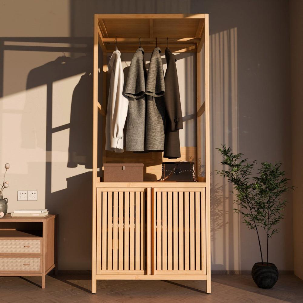 English Elm Bamboo Freestanding Wardrobe Rack with Drawers and Shelves for Bedroom Storage W2207P503759