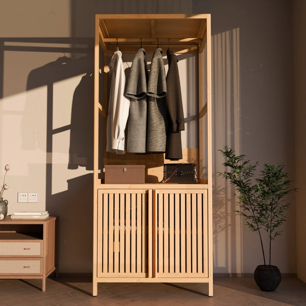 English Elm Bamboo Freestanding Wardrobe Rack with Drawers and Shelves for Bedroom Storage W2207P503759