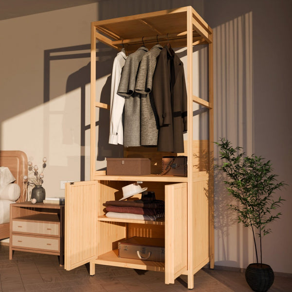 English Elm Bamboo Freestanding Wardrobe Rack with Drawers and Shelves for Bedroom Storage W2207P503759