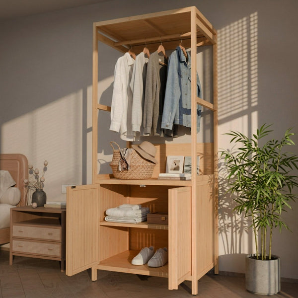 English Elm Bamboo Freestanding Wardrobe Rack with Drawers and Shelves for Bedroom Storage W2207P503759
