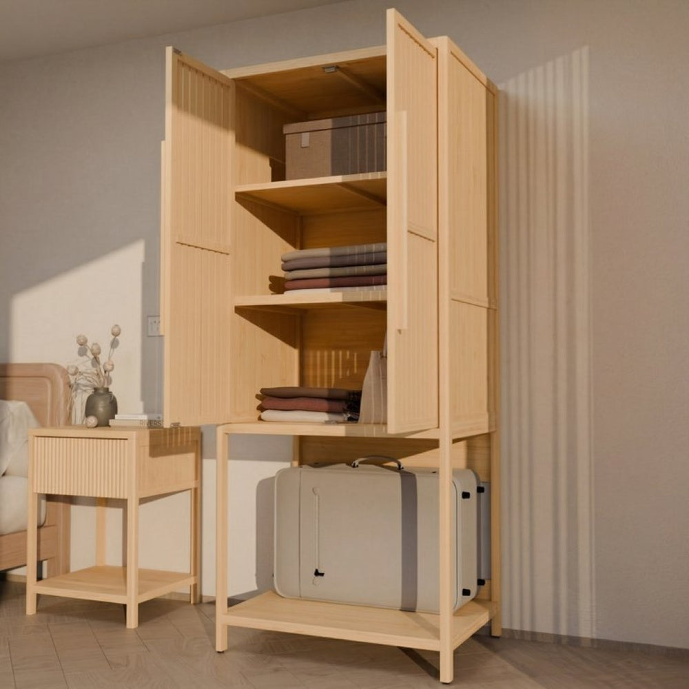 English Elm Bamboo Freestanding Wardrobe with Open Shelf and Two Door Cabinet for Small Spaces W2207P503894