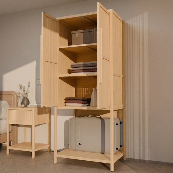 English Elm Bamboo Freestanding Wardrobe with Open Shelf and Two Door Cabinet for Small Spaces W2207P503894