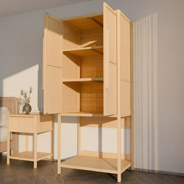 English Elm Bamboo Freestanding Wardrobe with Open Shelf and Two Door Cabinet for Small Spaces W2207P503894