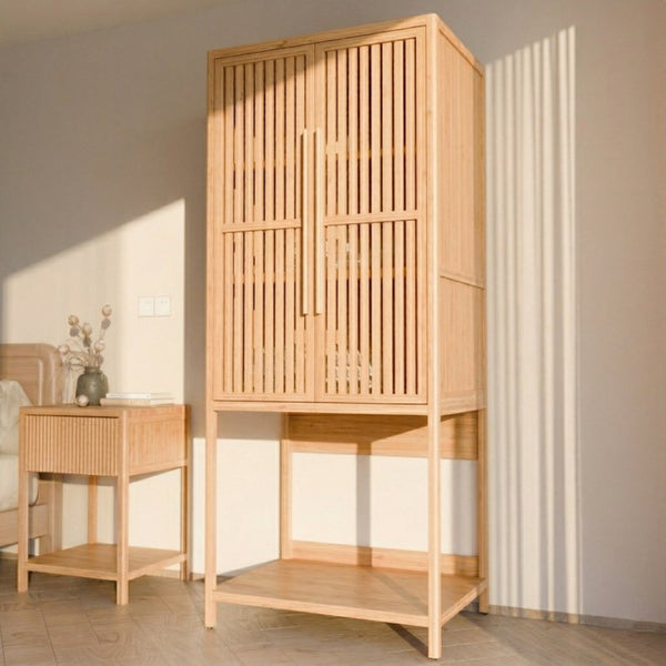 English Elm Bamboo Freestanding Wardrobe with Open Shelf and Two Door Cabinet for Small Spaces W2207P503894