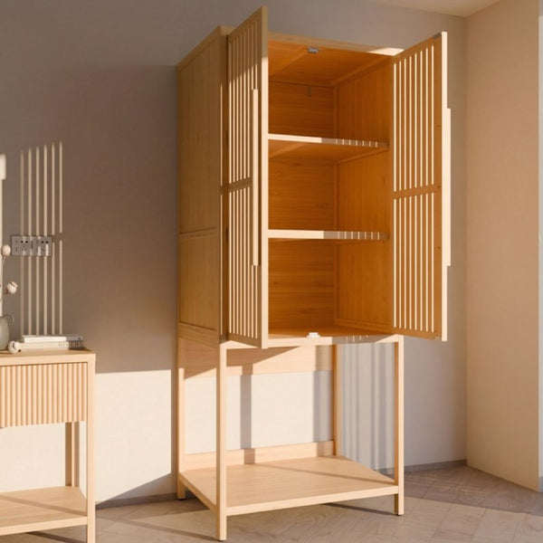 English Elm Bamboo Freestanding Wardrobe with Open Shelf and Two Door Cabinet for Small Spaces W2207P503894