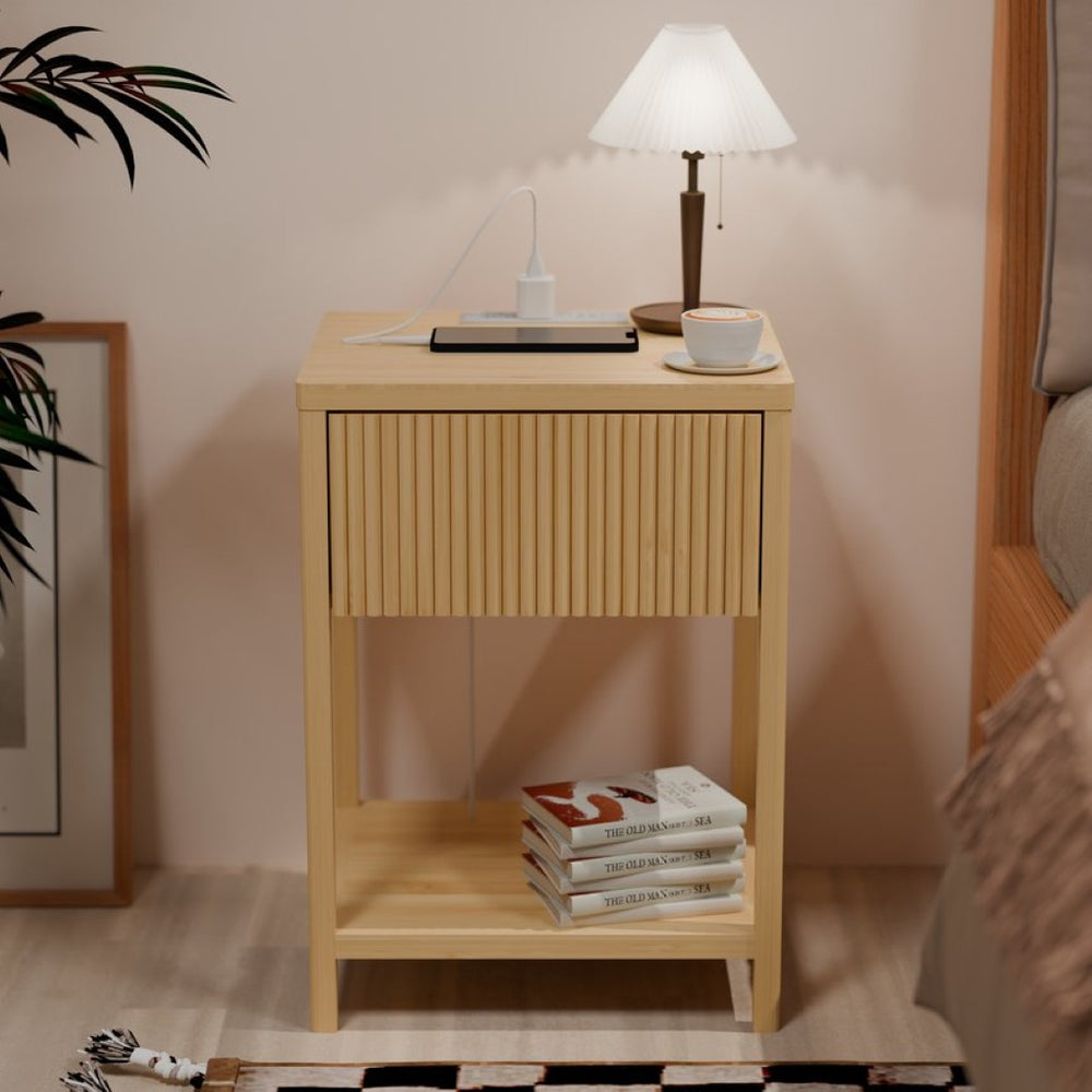 English Elm Bamboo Nightstand Set with Usb Charging Wave Textured Door and Open Shelf Storage W2207P504489