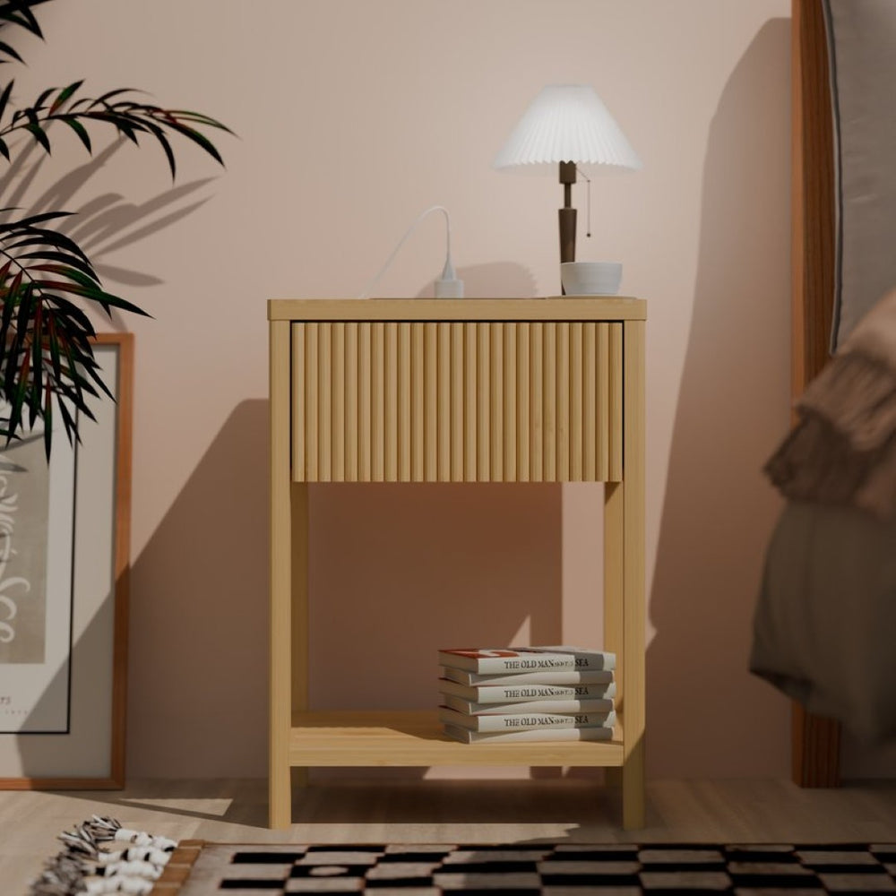 English Elm Bamboo Nightstand Set with Usb Charging Wave Textured Door and Open Shelf Storage W2207P504489