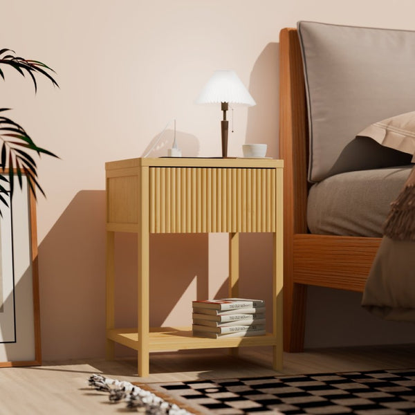 English Elm Bamboo Nightstand Set with Usb Charging Wave Textured Door and Open Shelf Storage W2207P504489