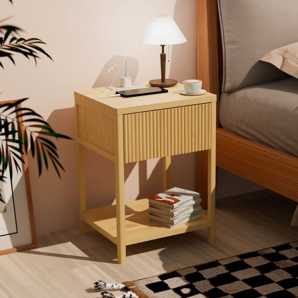 English Elm Bamboo Nightstand Set with Usb Charging Wave Textured Door and Open Shelf Storage W2207P504489
