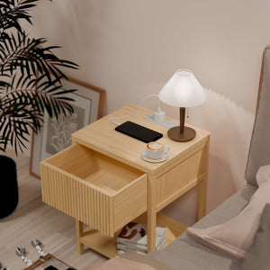English Elm Bamboo Nightstand Set with Usb Charging Wave Textured Door and Open Shelf Storage W2207P504489