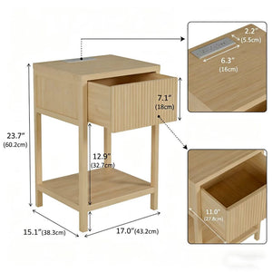 English Elm Bamboo Nightstand Set with Usb Charging Wave Textured Door and Open Shelf Storage W2207P504489