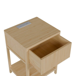 English Elm Bamboo Nightstand Set with Usb Charging Wave Textured Door and Open Shelf Storage W2207P504489