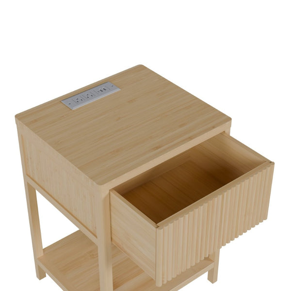 English Elm Bamboo Nightstand Set with Usb Charging Wave Textured Door and Open Shelf Storage W2207P504489