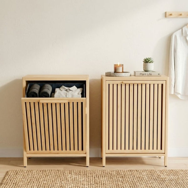 English Elm Dirty Clothes Bamboo Laundry Basket Round Woven Natural Bin for Bedroom Bath W2207P563293