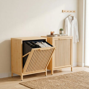English Elm Dirty Clothes Bamboo Laundry Basket Round Woven Natural Bin for Bedroom Bath W2207P563293