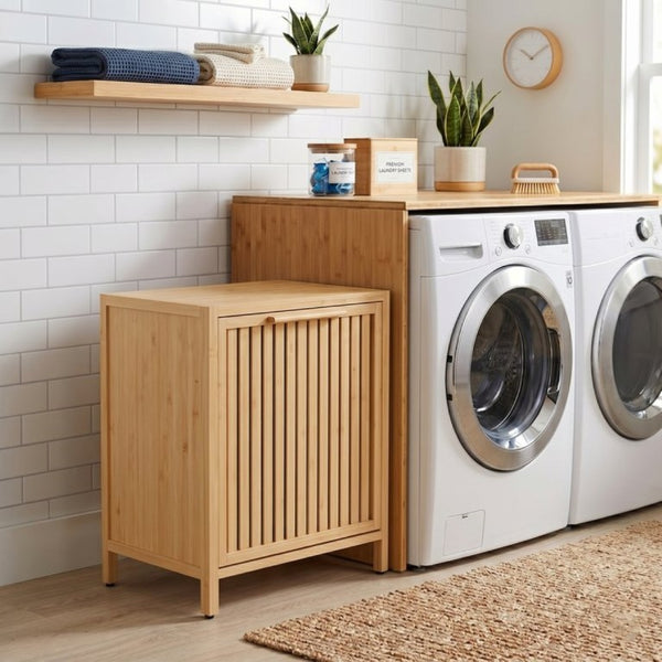 English Elm Dirty Clothes Bamboo Laundry Basket Round Woven Natural Bin for Bedroom Bath W2207P563293