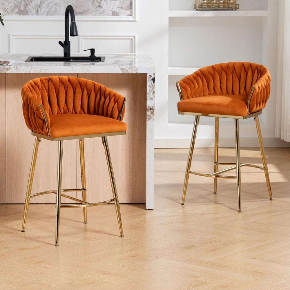English Elm 26'' Velvet Counter Stool Sculpted Wave Back Golden Chrome Base Kitchen Island Seating Orange W2215P516337
