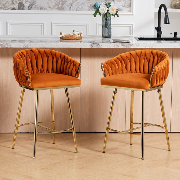 English Elm 26'' Velvet Counter Stool Sculpted Wave Back Golden Chrome Base Kitchen Island Seating Orange W2215P516337