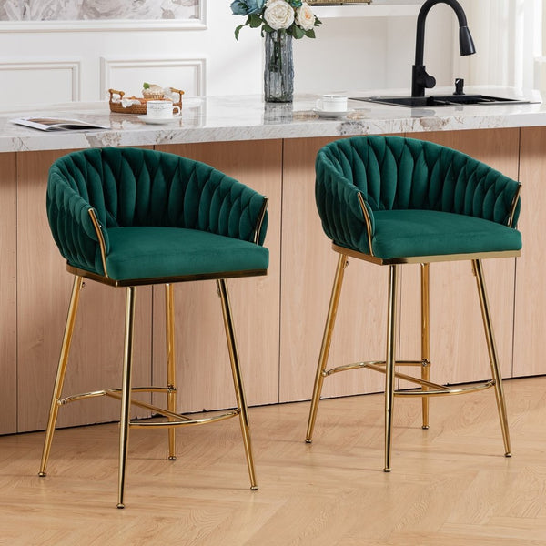 English Elm 26'' Velvet Counter Stool Sculpted Wave Back Golden Chrome Base Kitchen Island Seating Green W2215P516343