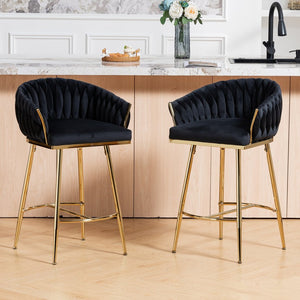 English Elm 26'' Velvet Counter Stool Sculpted Wave Back Golden Chrome Base Kitchen Island Seating Black W2215P516345