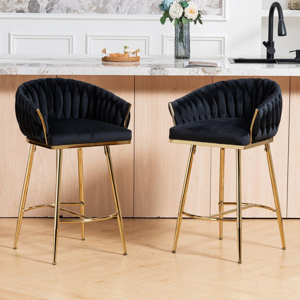 English Elm 26'' Velvet Counter Stool Sculpted Wave Back Golden Chrome Base Kitchen Island Seating Black W2215P516345