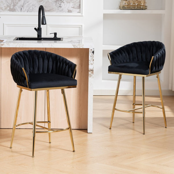 English Elm 26'' Velvet Counter Stool Sculpted Wave Back Golden Chrome Base Kitchen Island Seating Black W2215P516345