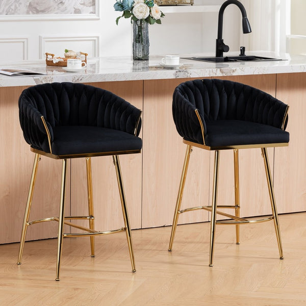 English Elm 26'' Velvet Counter Stool Sculpted Wave Back Golden Chrome Base Kitchen Island Seating Black W2215P516345