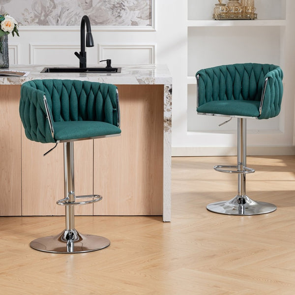 English Elm 360° Swivel Counter Height Barstools Set of 2 with Woven Back Chrome Frame Footrest Green W2215P517203