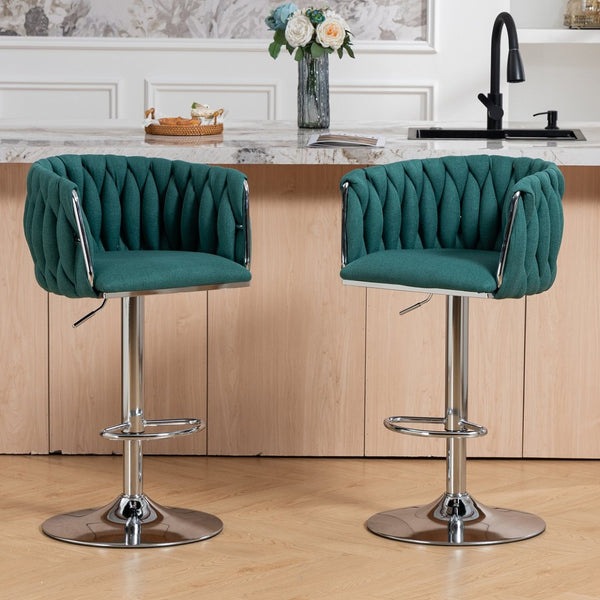 English Elm 360° Swivel Counter Height Barstools Set of 2 with Woven Back Chrome Frame Footrest Green W2215P517203