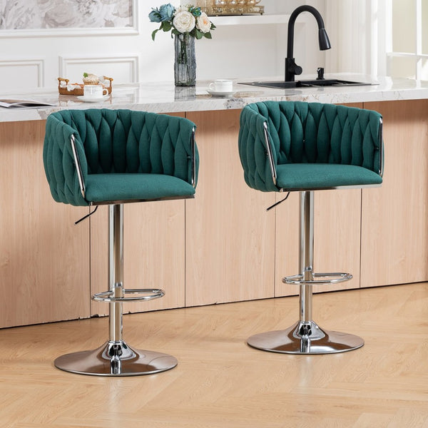 English Elm 360° Swivel Counter Height Barstools Set of 2 with Woven Back Chrome Frame Footrest Green W2215P517203