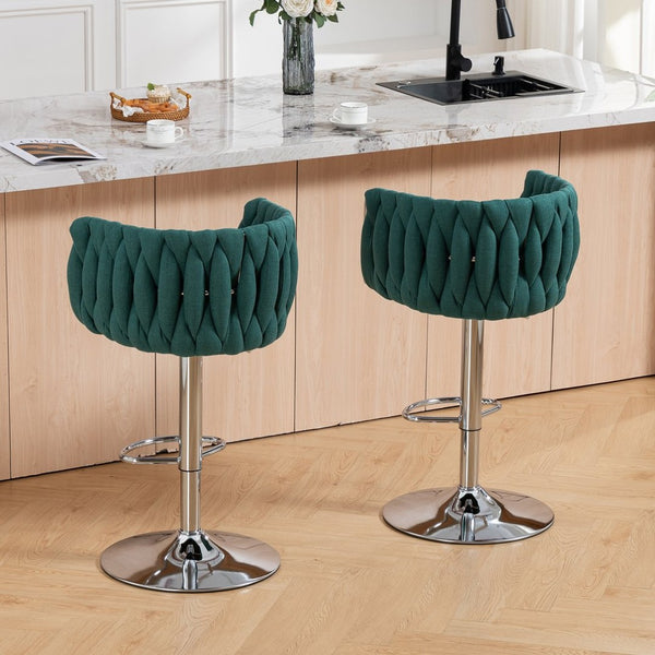 English Elm 360° Swivel Counter Height Barstools Set of 2 with Woven Back Chrome Frame Footrest Green W2215P517203