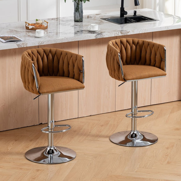 English Elm 360° Swivel Counter Height Barstools Set of 2 with Woven Back Chrome Frame Footrest Caramel W2215P517205