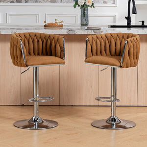 English Elm 360° Swivel Counter Height Barstools Set of 2 with Woven Back Chrome Frame Footrest Caramel W2215P517205
