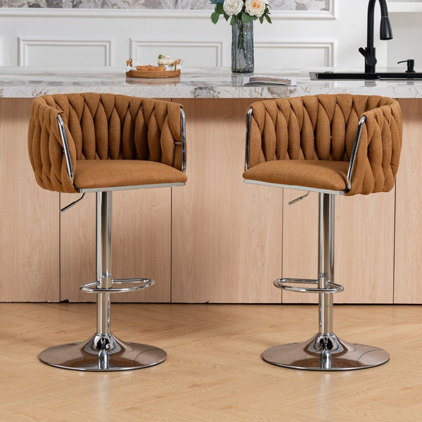 English Elm 360° Swivel Counter Height Barstools Set of 2 with Woven Back Chrome Frame Footrest Caramel W2215P517205
