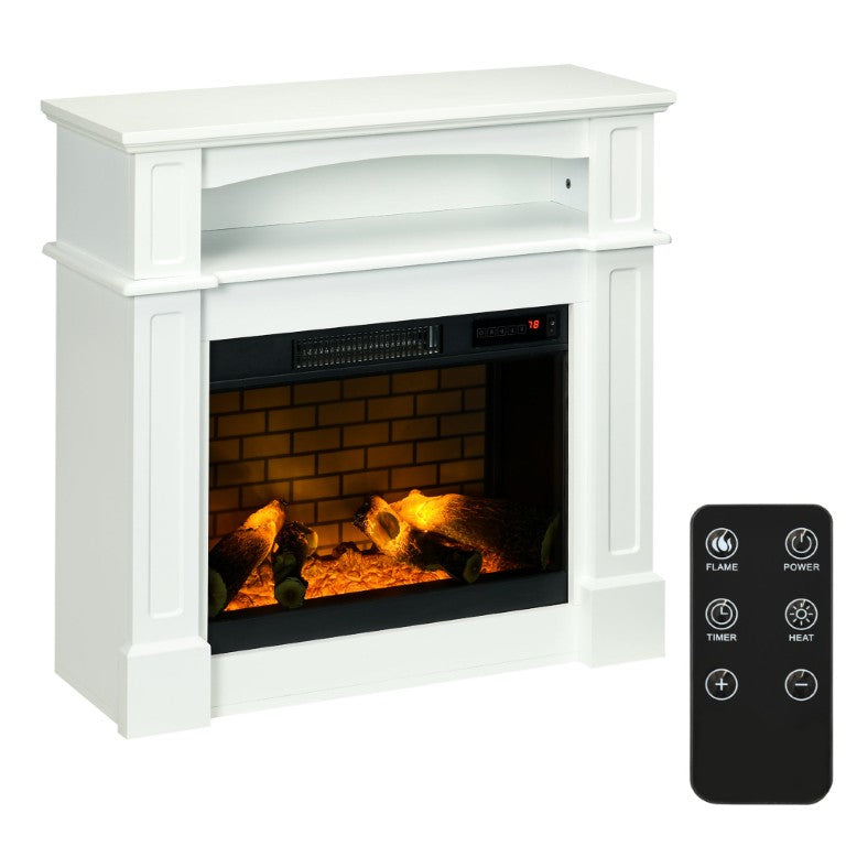 English Elm 32 Inch White Mantel Electric Fireplace with LED Log Flame Shelf and Dual Heat Settings W2225141035