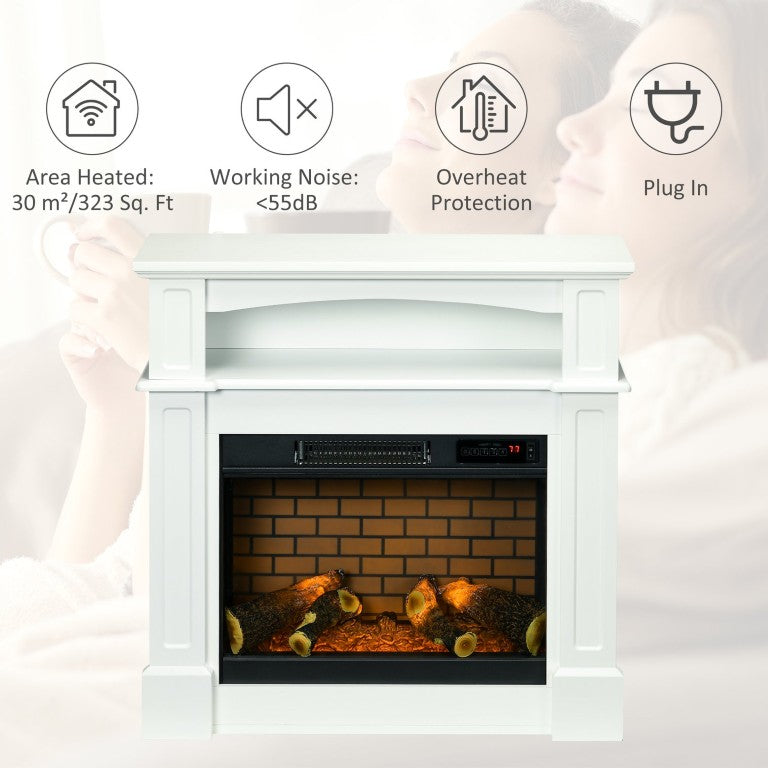 English Elm 32 Inch White Mantel Electric Fireplace with LED Log Flame Shelf and Dual Heat Settings W2225141035