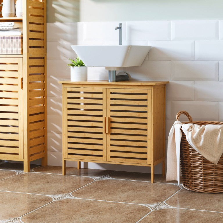 English Elm Kleankin Natural Bamboo Under Sink Organizer with Slatted Doors for Spa Bathrooms W2225P173923
