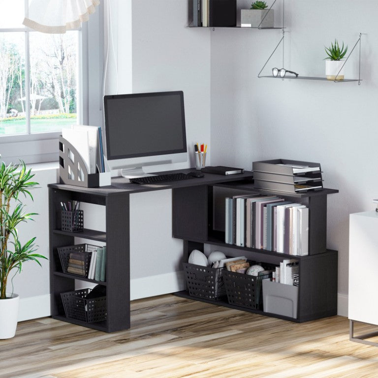English Elm Homcom Rotating L Shaped Corner Desk with Shelving for Modern Home Office Workstation W2225P173999