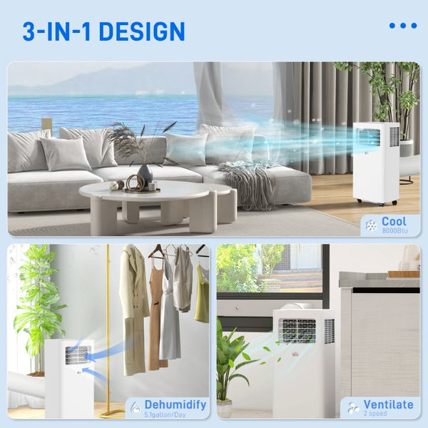 English Elm Homcom 8000 BTU Portable Air Conditioner with Dehumidifier Fan Sleep Mode Timer White W2225P200461