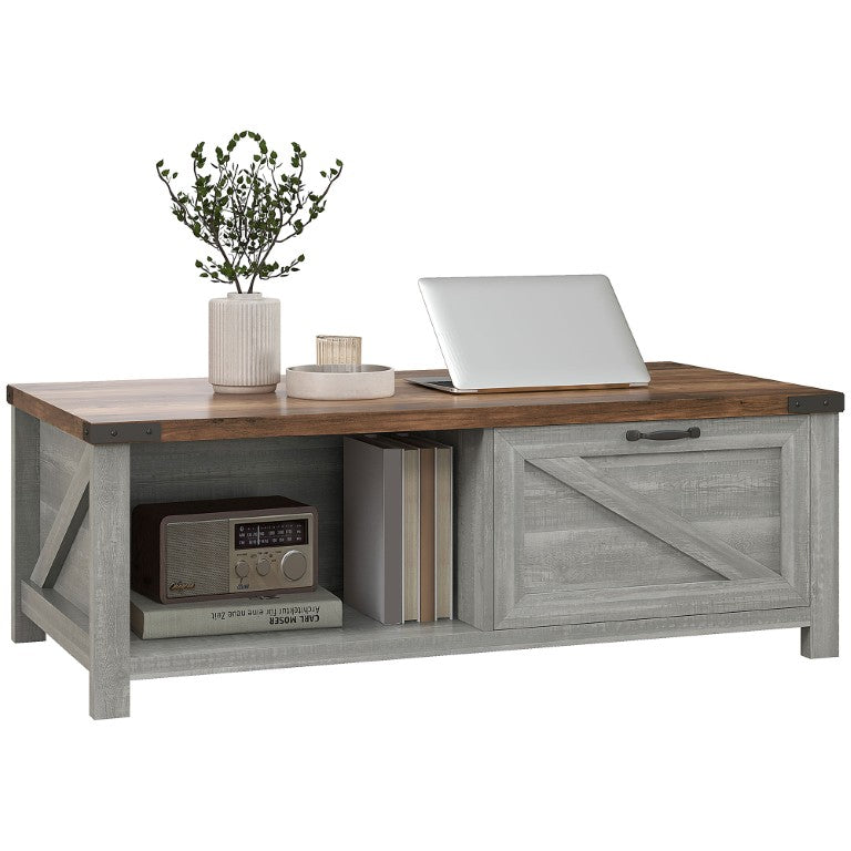 English Elm Homcom Rustic Farmhouse Coffee Table with Drawer Open Shelf Distressed Gray Finish W2225P217442