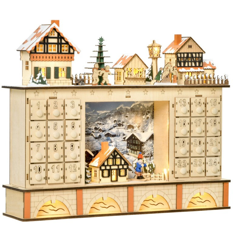 English Elm Homcom Wooden Advent Calendar LED Village Scene 24 Drawer Holiday Tabletop Decor W2225P249697