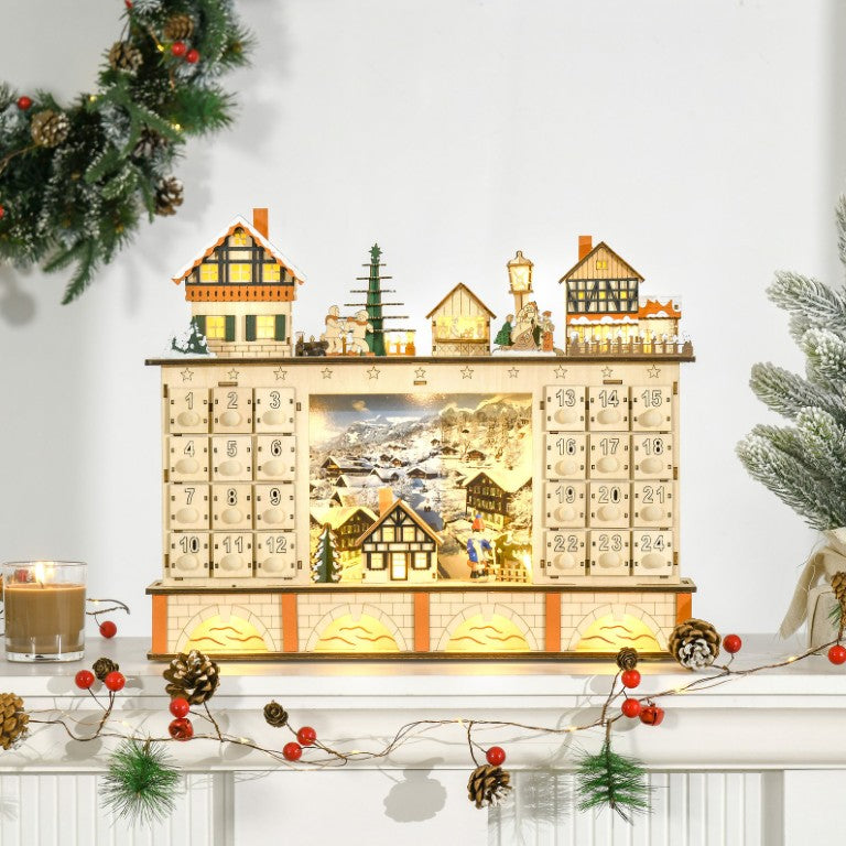 English Elm Homcom Wooden Advent Calendar LED Village Scene 24 Drawer Holiday Tabletop Decor W2225P249697