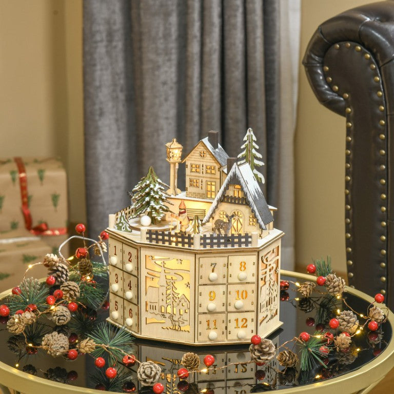 English Elm Homcom Wooden Advent Calendar LED Village Scene with 24 Drawers Holiday Tabletop Decor W2225P249698