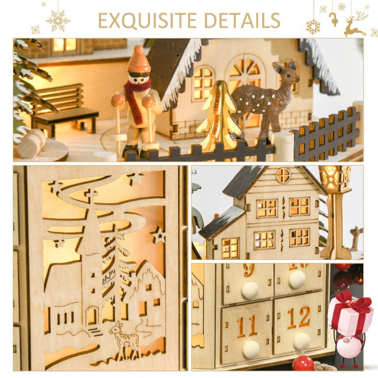 English Elm Homcom Wooden Advent Calendar LED Village Scene with 24 Drawers Holiday Tabletop Decor W2225P249698