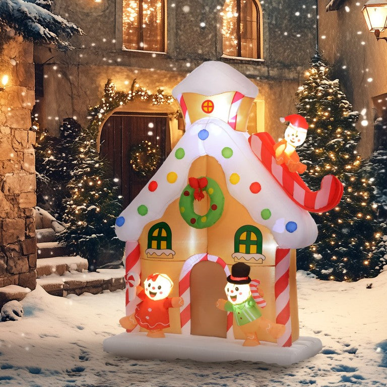 English Elm Outsunny 7 Foot LED Gingerbread House Inflatable Yard Decoration Holiday Display W2225P249965