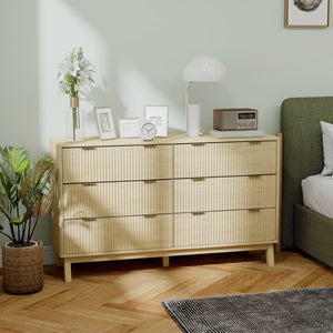English Elm Homcom Fluted 6 Drawer Wide Dresser with Gold Pulls and Rubberwood Legs for Bedroom W2225P485638