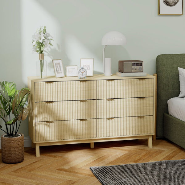 English Elm Homcom Fluted 6 Drawer Wide Dresser with Gold Pulls and Rubberwood Legs for Bedroom W2225P485638