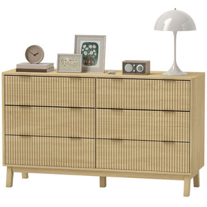 English Elm Homcom Fluted 6 Drawer Wide Dresser with Gold Pulls and Rubberwood Legs for Bedroom W2225P485638