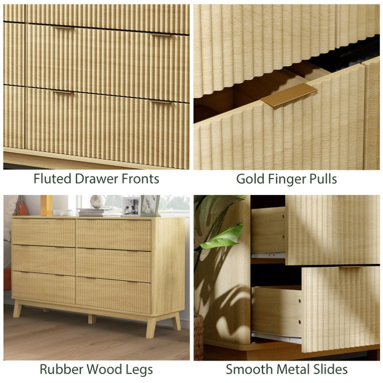 English Elm Homcom Fluted 6 Drawer Wide Dresser with Gold Pulls and Rubberwood Legs for Bedroom W2225P485638